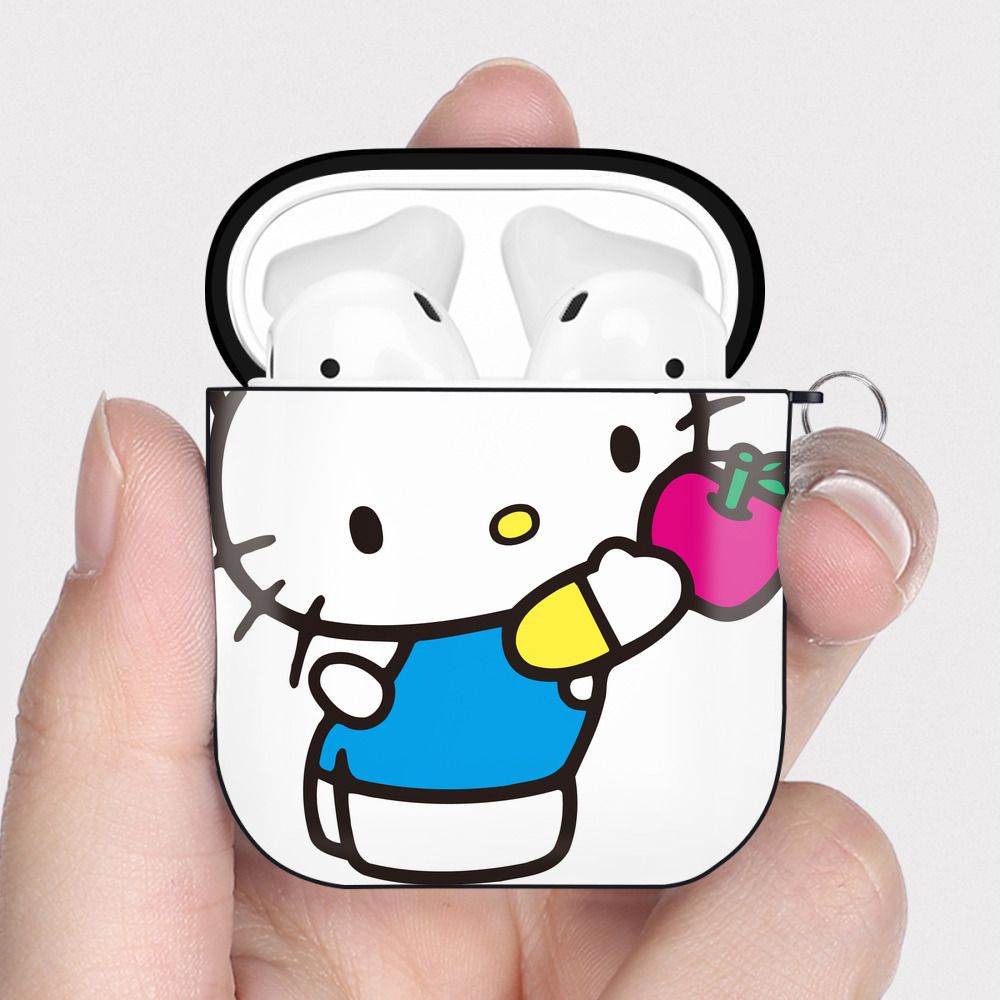 （画像用） Hello Kitty ハローキティ AirPods 第2世代保護ケース ハードシェル ブラック 耐衝撃・防指紋・カラビナ付き