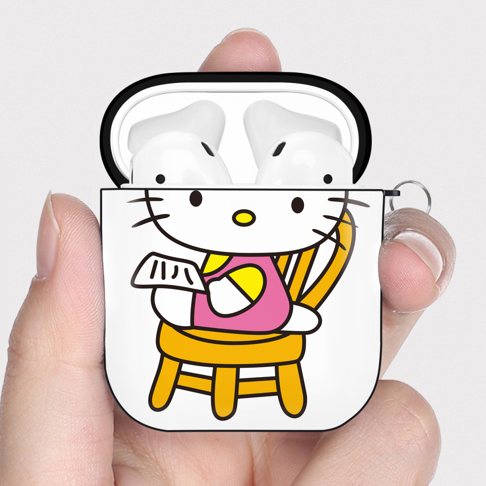 （画像用） Hello Kitty ハローキティ AirPods 第2世代保護ケース ハードシェル ブラック 耐衝撃・防指紋・カラビナ付き