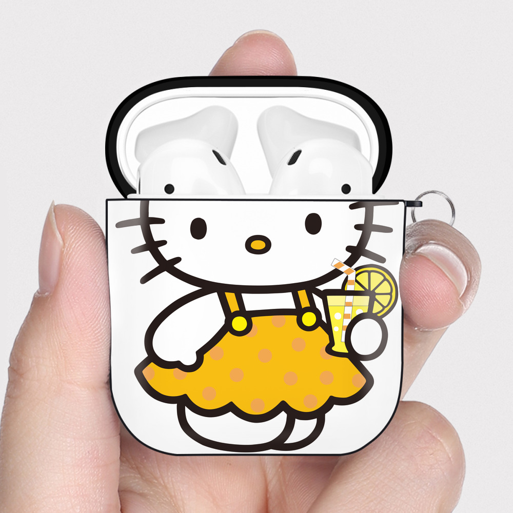 （画像用） Hello Kitty ハローキティ AirPods 第2世代保護ケース ハードシェル ブラック 耐衝撃・防指紋・カラビナ付き