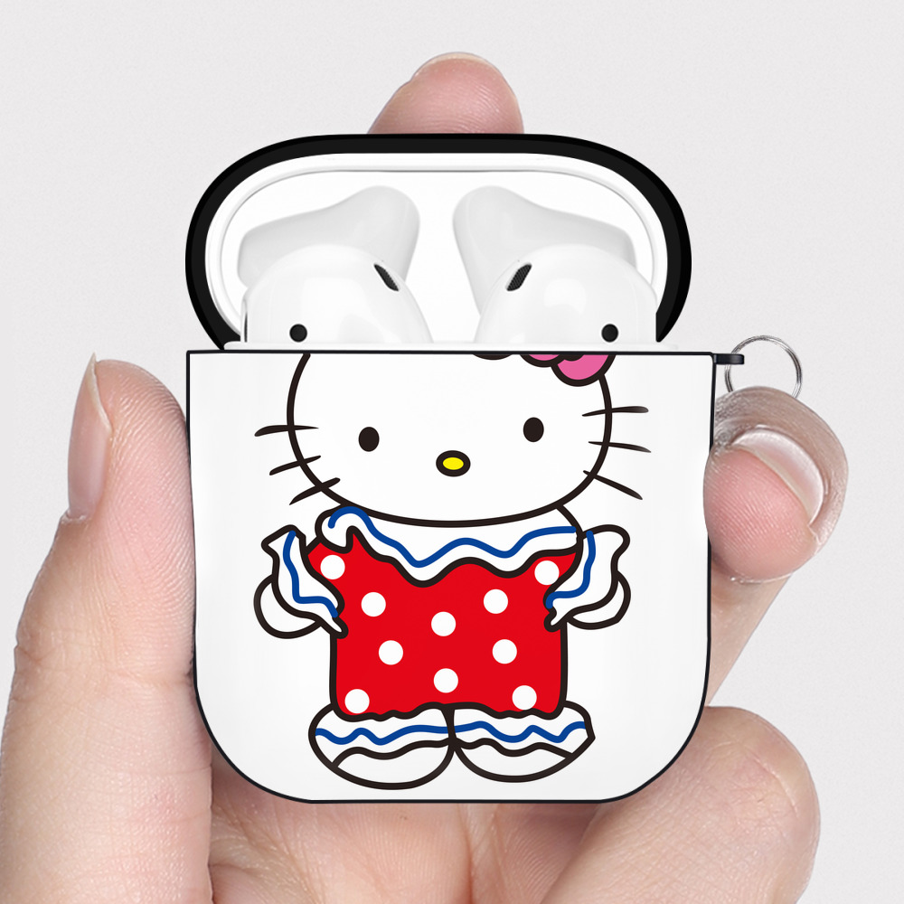 （画像用） Hello Kitty ハローキティ AirPods 第2世代保護ケース ハードシェル ブラック 耐衝撃・防指紋・カラビナ付き