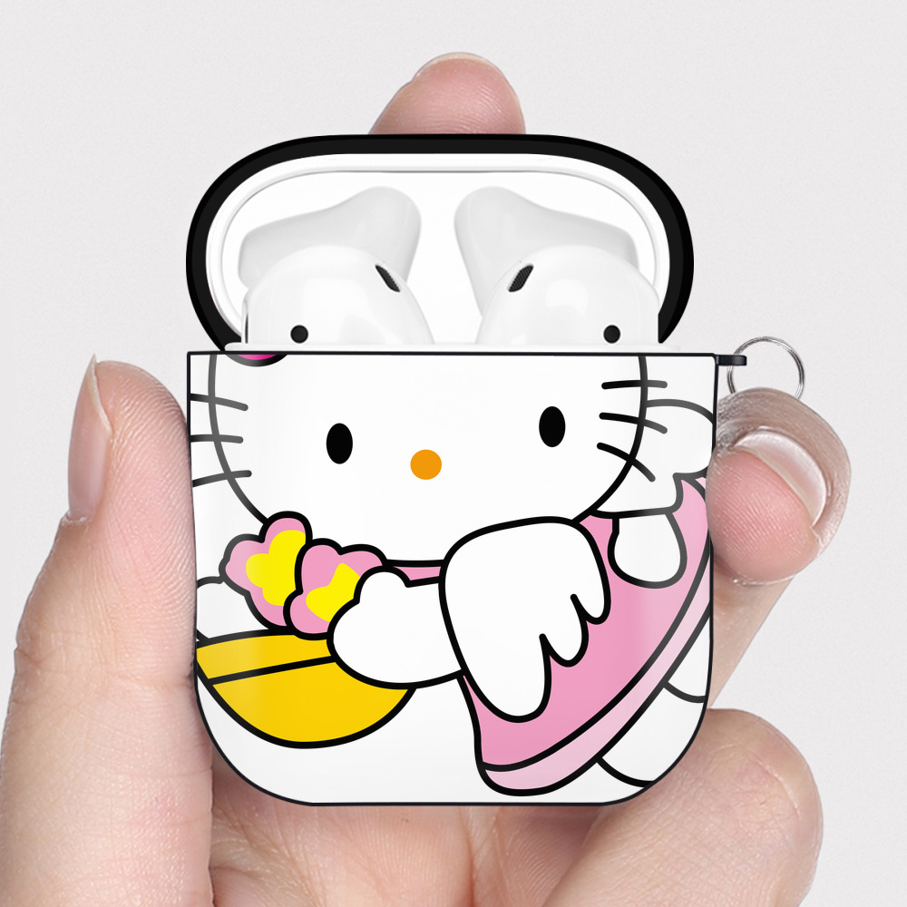 （画像用） Hello Kitty ハローキティ AirPods 第2世代保護ケース ハードシェル ブラック 耐衝撃・防指紋・カラビナ付き