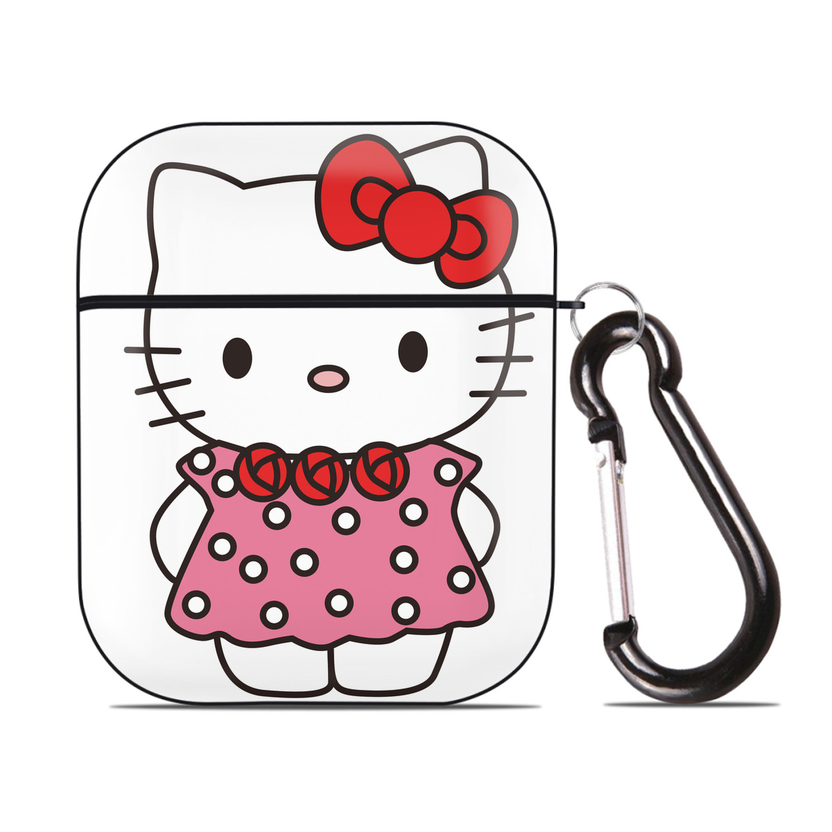 （画像用） Hello Kitty ハローキティ AirPods 第2世代保護ケース ハードシェル ブラック 耐衝撃・防指紋・カラビナ付き