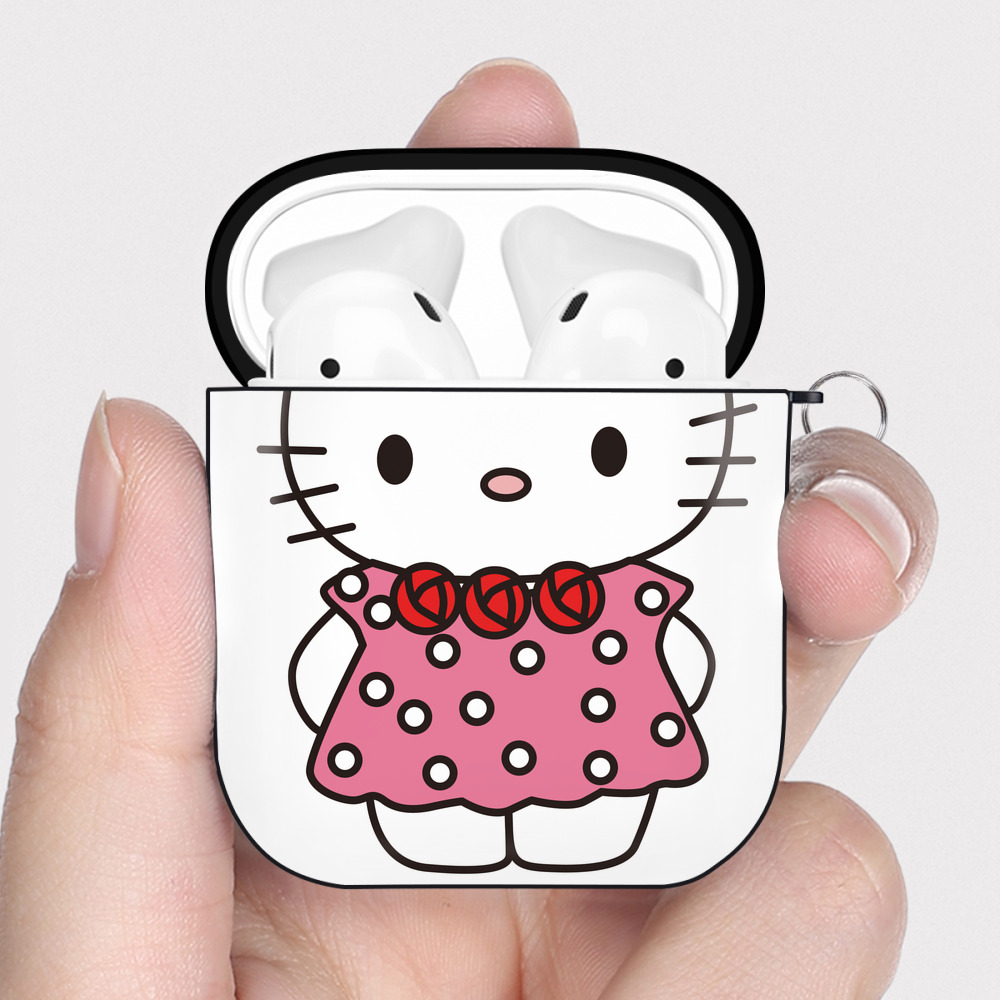 （画像用） Hello Kitty ハローキティ AirPods 第2世代保護ケース ハードシェル ブラック 耐衝撃・防指紋・カラビナ付き