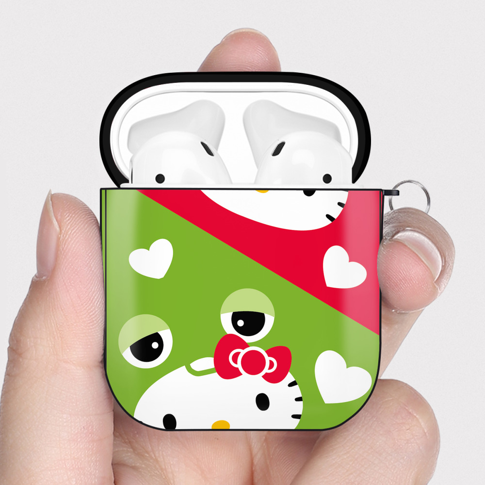 （画像用） Hello Kitty ハローキティ AirPods 第2世代保護ケース ハードシェル ブラック 耐衝撃・防指紋・カラビナ付き