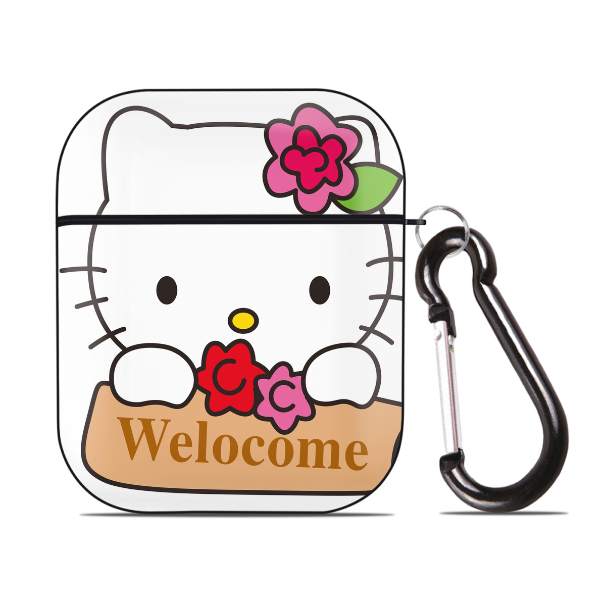 （画像用） Hello Kitty ハローキティ AirPods 第2世代保護ケース ハードシェル ブラック 耐衝撃・防指紋・カラビナ付き