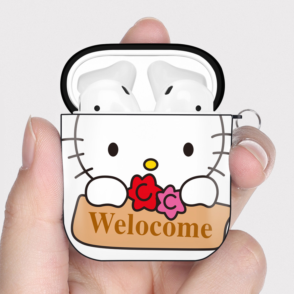 （画像用） Hello Kitty ハローキティ AirPods 第2世代保護ケース ハードシェル ブラック 耐衝撃・防指紋・カラビナ付き