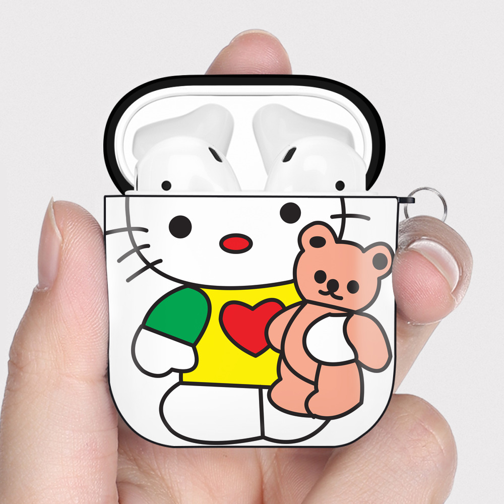 （画像用） Hello Kitty ハローキティ AirPods 第2世代保護ケース ハードシェル ブラック 耐衝撃・防指紋・カラビナ付き