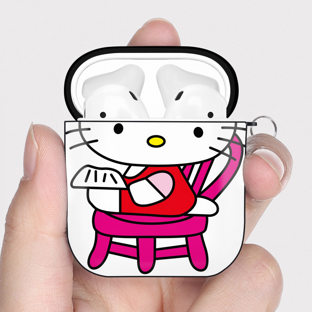 （画像用） Hello Kitty ハローキティ AirPods 第2世代保護ケース ハードシェル ブラック 耐衝撃・防指紋・カラビナ付き