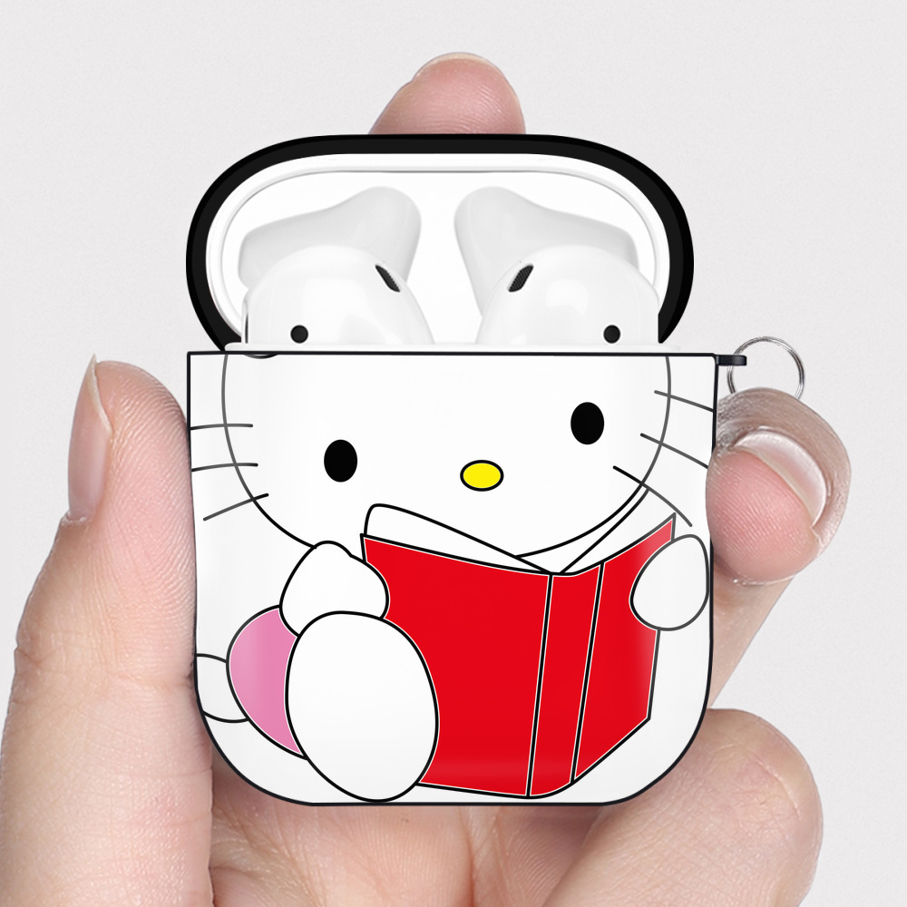 （画像用） Hello Kitty ハローキティ AirPods 第2世代保護ケース ハードシェル ブラック 耐衝撃・防指紋・カラビナ付き