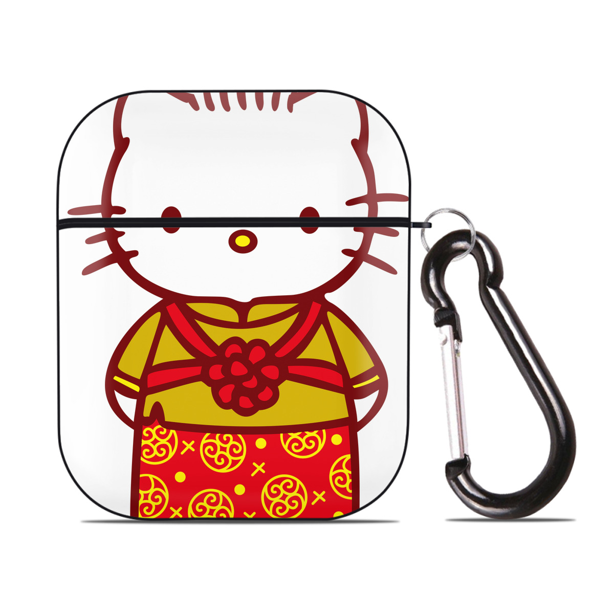 （画像用） Hello Kitty ハローキティ AirPods 第2世代保護ケース ハードシェル ブラック 耐衝撃・防指紋・カラビナ付き