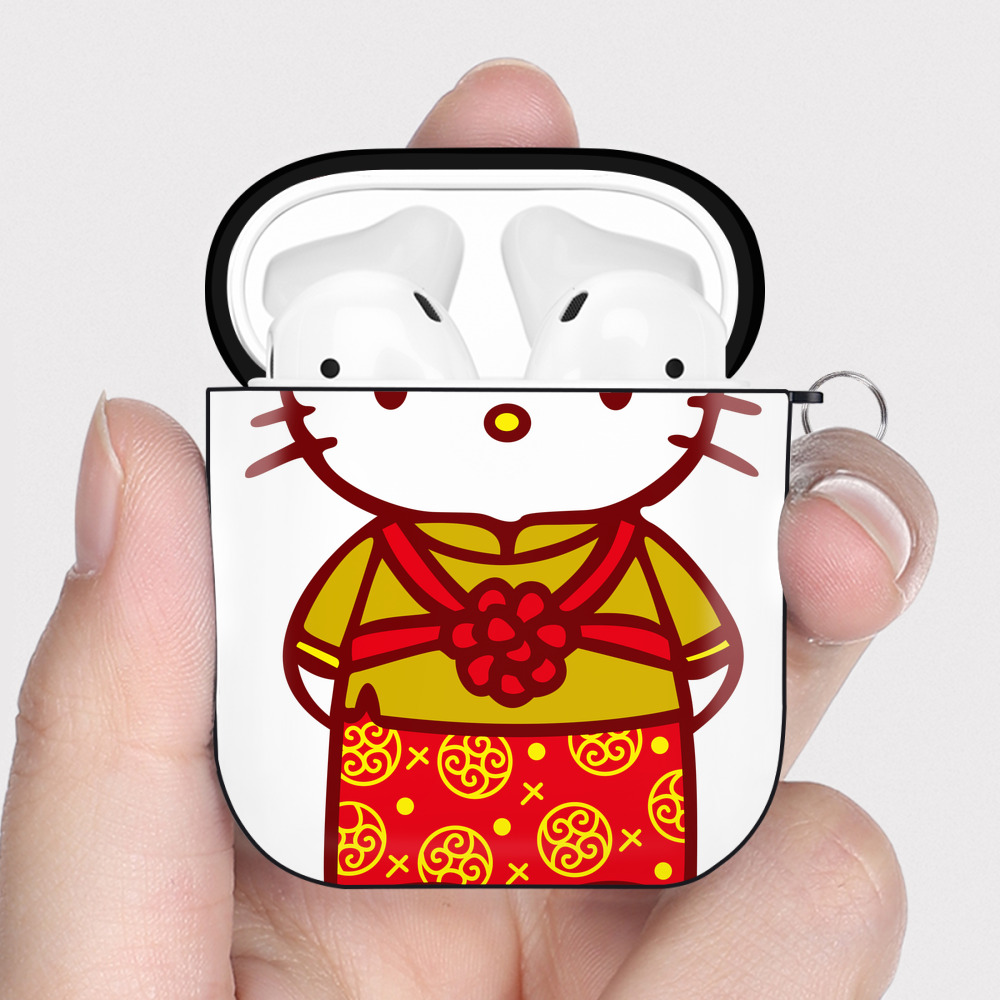 （画像用） Hello Kitty ハローキティ AirPods 第2世代保護ケース ハードシェル ブラック 耐衝撃・防指紋・カラビナ付き