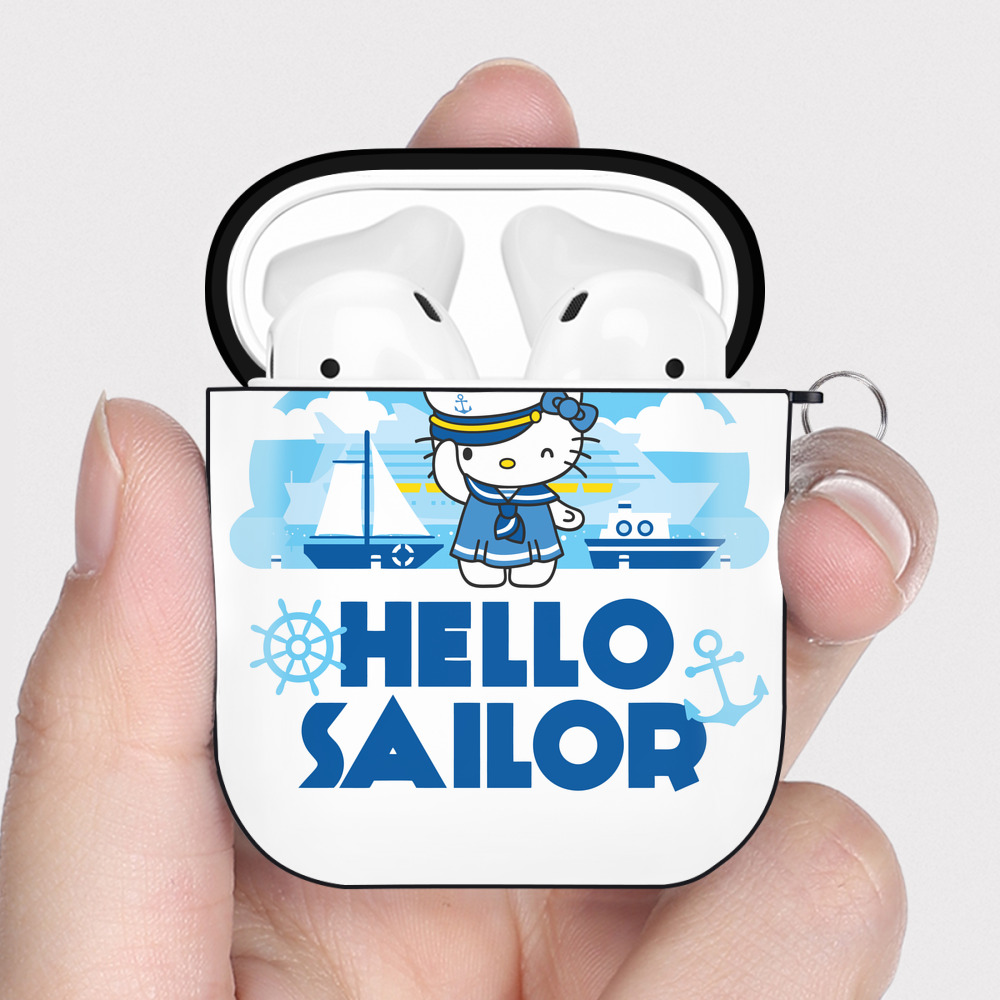 （画像用） Hello Kitty ハローキティ AirPods 第2世代保護ケース ハードシェル ブラック 耐衝撃・防指紋・カラビナ付き