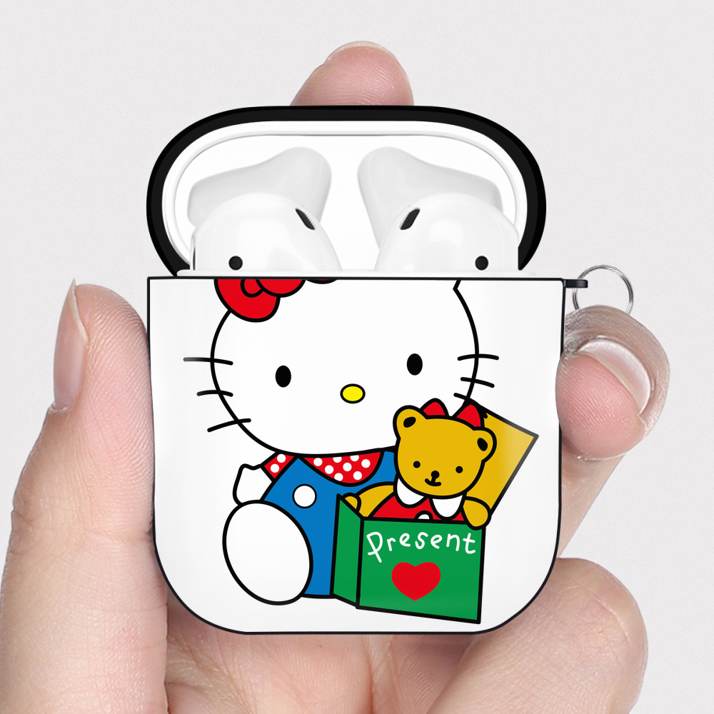 （画像用） Hello Kitty ハローキティ AirPods 第2世代保護ケース ハードシェル ブラック 耐衝撃・防指紋・カラビナ付き
