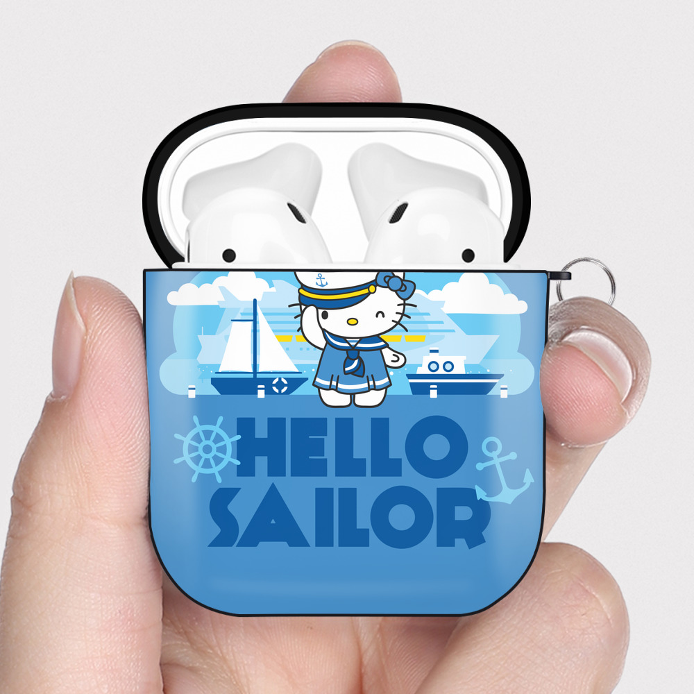 （画像用） Hello Kitty ハローキティ AirPods 第2世代保護ケース ハードシェル ブラック 耐衝撃・防指紋・カラビナ付き