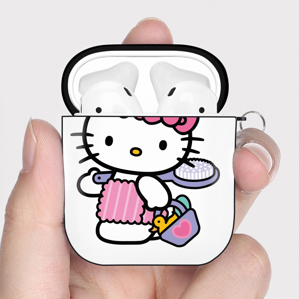 （画像用） Hello Kitty ハローキティ AirPods 第2世代保護ケース ハードシェル ブラック 耐衝撃・防指紋・カラビナ付き