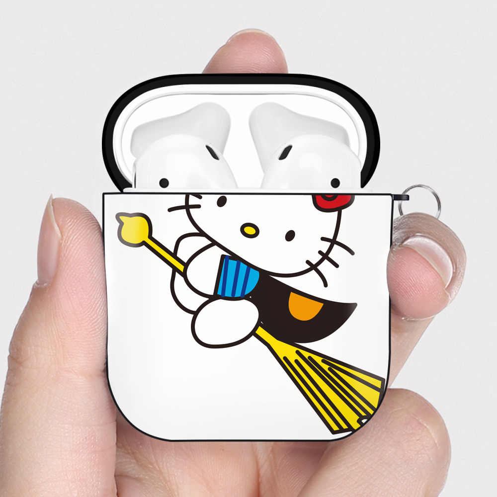 （画像用） Hello Kitty ハローキティ AirPods 第2世代保護ケース ハードシェル ブラック 耐衝撃・防指紋・カラビナ付き