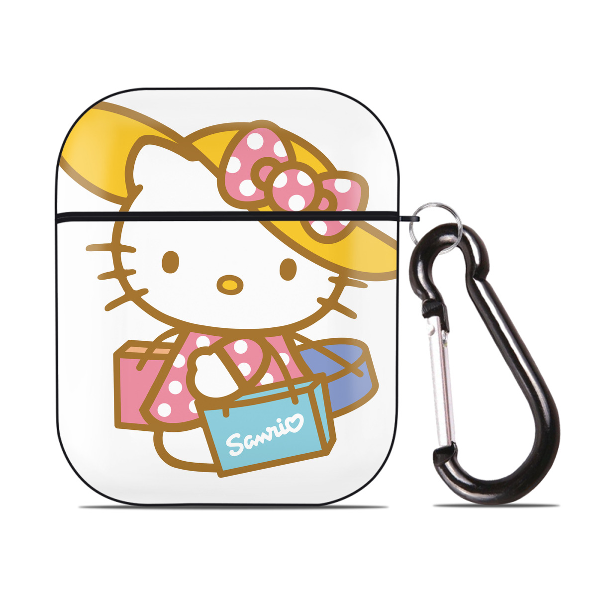 （画像用） Hello Kitty ハローキティ AirPods 第2世代保護ケース ハードシェル ブラック 耐衝撃・防指紋・カラビナ付き