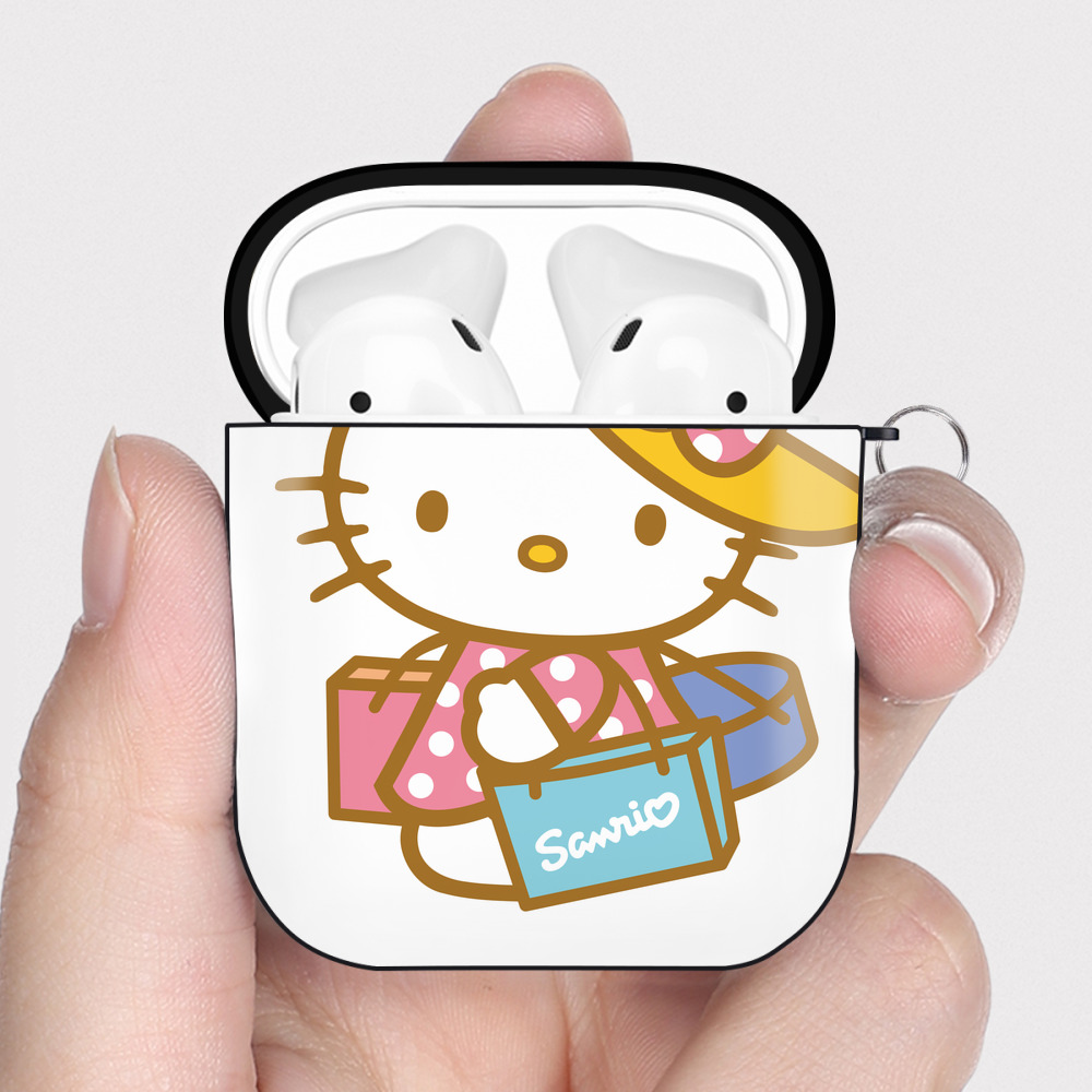 （画像用） Hello Kitty ハローキティ AirPods 第2世代保護ケース ハードシェル ブラック 耐衝撃・防指紋・カラビナ付き