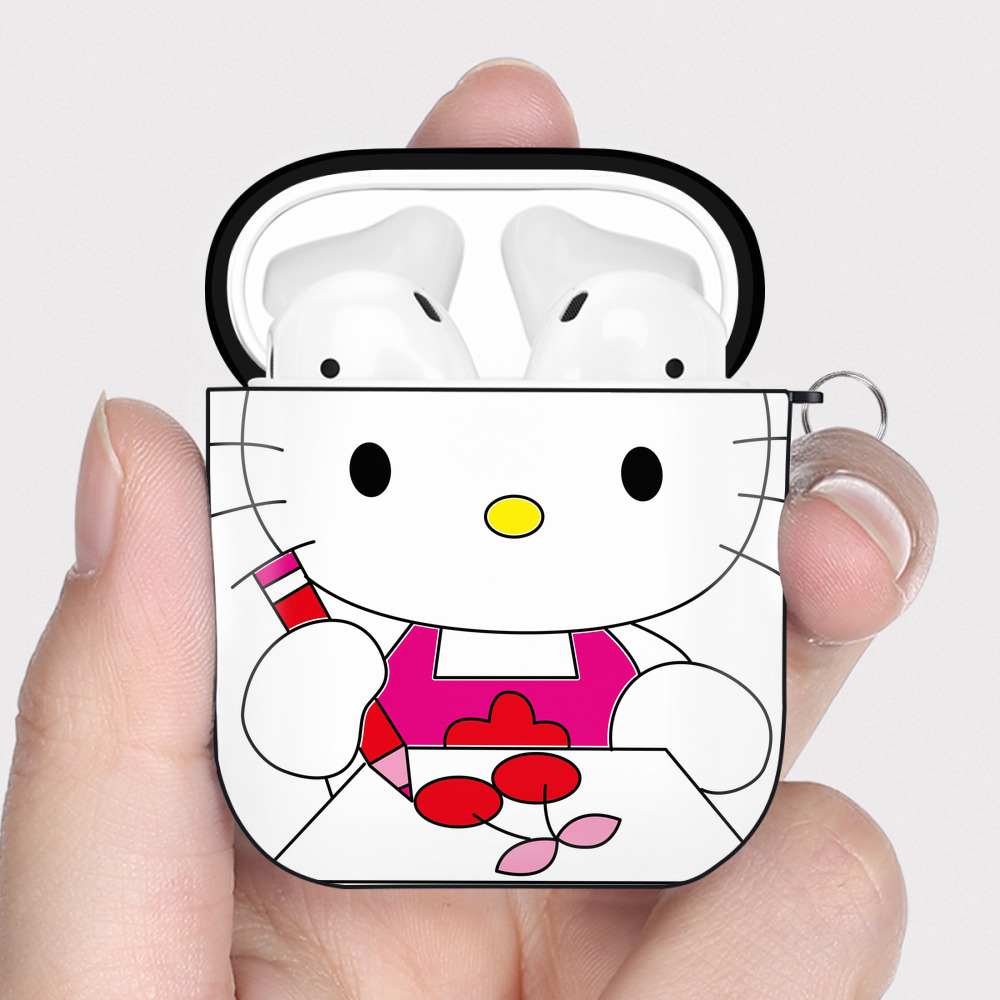 （画像用） Hello Kitty ハローキティ AirPods 第2世代保護ケース ハードシェル ブラック 耐衝撃・防指紋・カラビナ付き