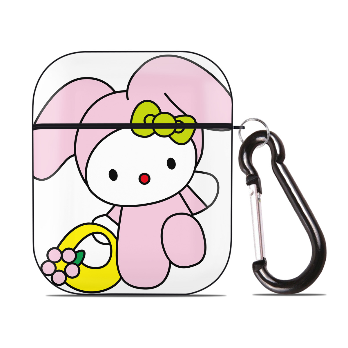 （画像用） Hello Kitty ハローキティ AirPods 第2世代保護ケース ハードシェル ブラック 耐衝撃・防指紋・カラビナ付き