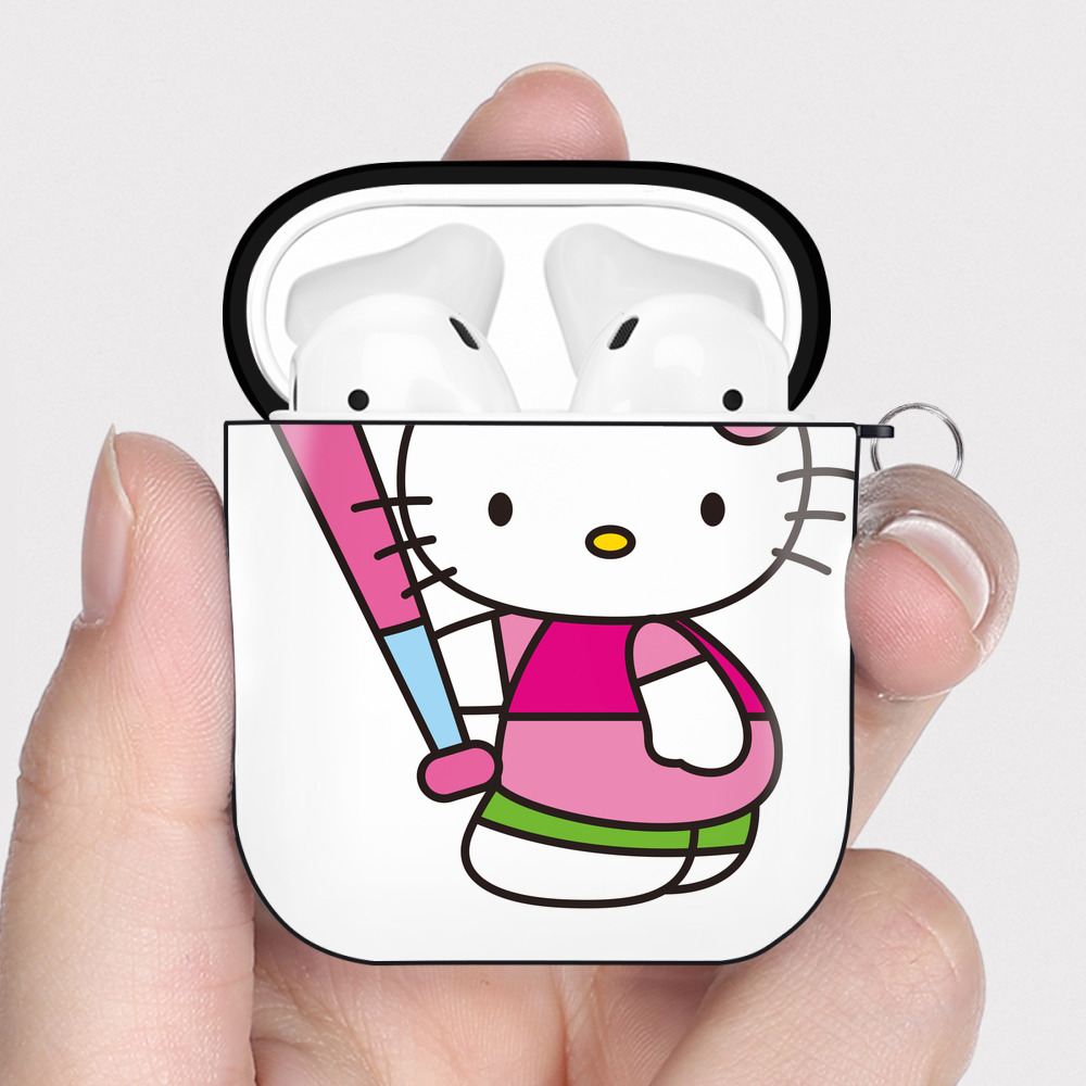 （画像用） Hello Kitty ハローキティ AirPods 第2世代保護ケース ハードシェル ブラック 耐衝撃・防指紋・カラビナ付き
