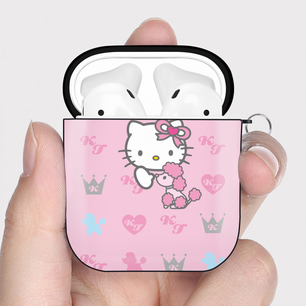 （画像用） Hello Kitty ハローキティ AirPods 第2世代保護ケース ハードシェル ブラック 耐衝撃・防指紋・カラビナ付き