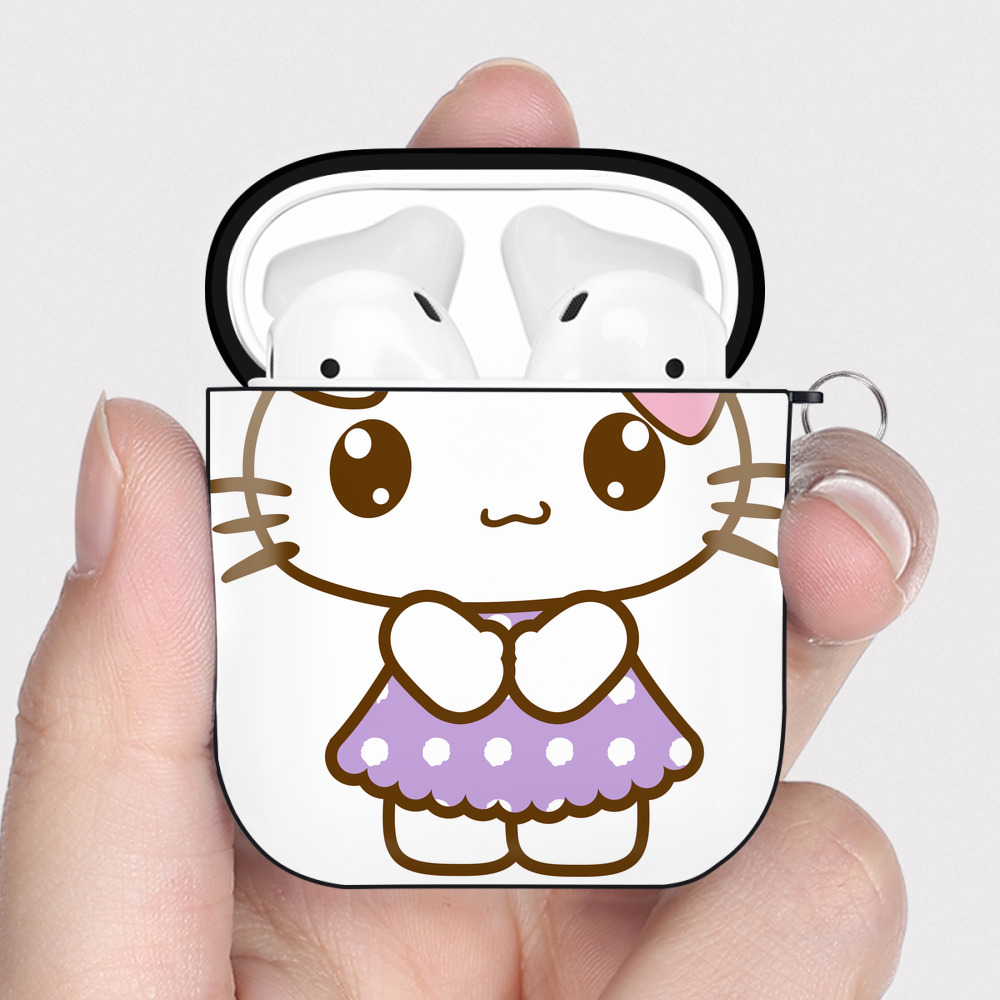 （画像用） Hello Kitty ハローキティ AirPods 第2世代保護ケース ハードシェル ブラック 耐衝撃・防指紋・カラビナ付き