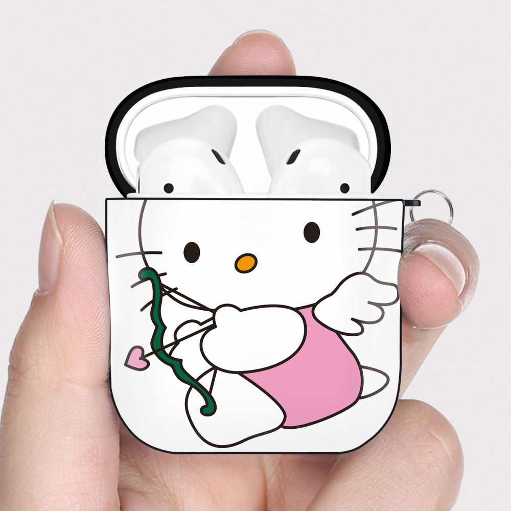 （画像用） Hello Kitty ハローキティ AirPods 第2世代保護ケース ハードシェル ブラック 耐衝撃・防指紋・カラビナ付き