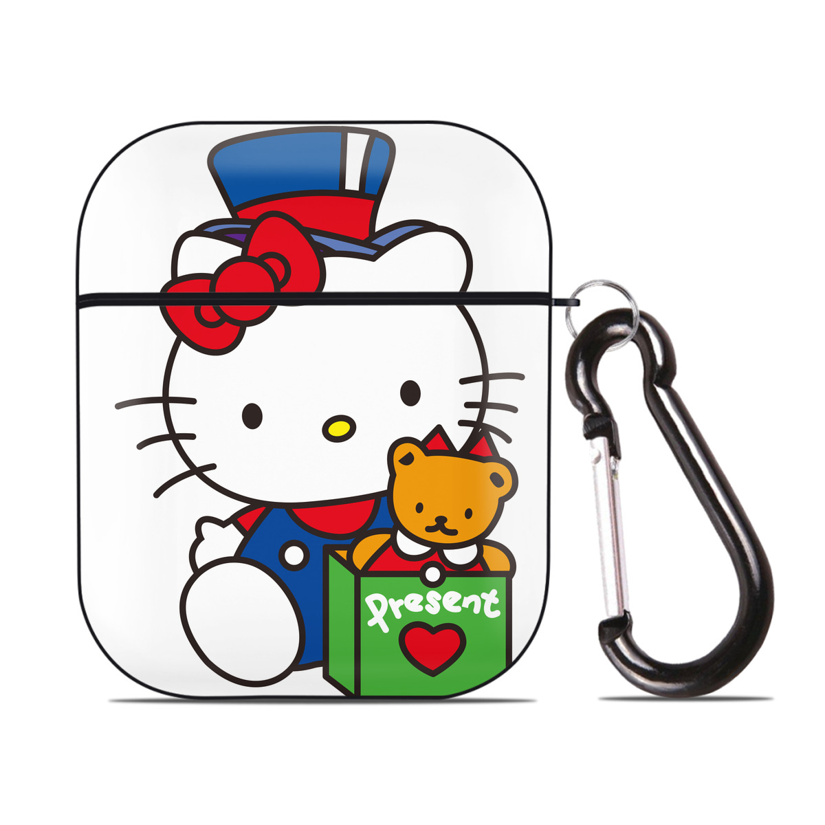 （画像用） Hello Kitty ハローキティ AirPods 第2世代保護ケース ハードシェル ブラック 耐衝撃・防指紋・カラビナ付き