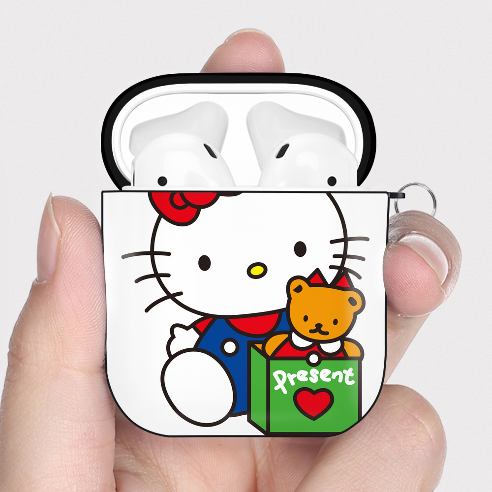（画像用） Hello Kitty ハローキティ AirPods 第2世代保護ケース ハードシェル ブラック 耐衝撃・防指紋・カラビナ付き