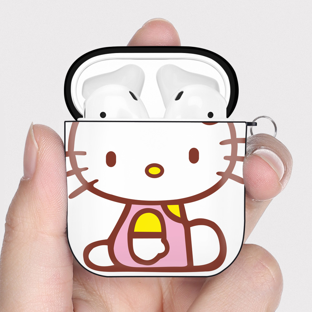 （画像用） Hello Kitty ハローキティ AirPods 第2世代保護ケース ハードシェル ブラック 耐衝撃・防指紋・カラビナ付き