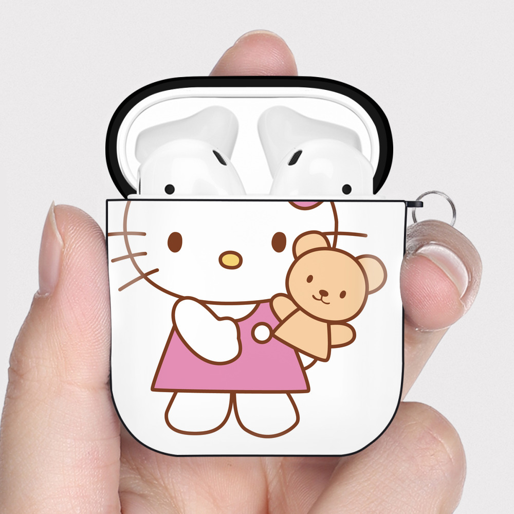 （画像用） Hello Kitty ハローキティ AirPods 第2世代保護ケース ハードシェル ブラック 耐衝撃・防指紋・カラビナ付き