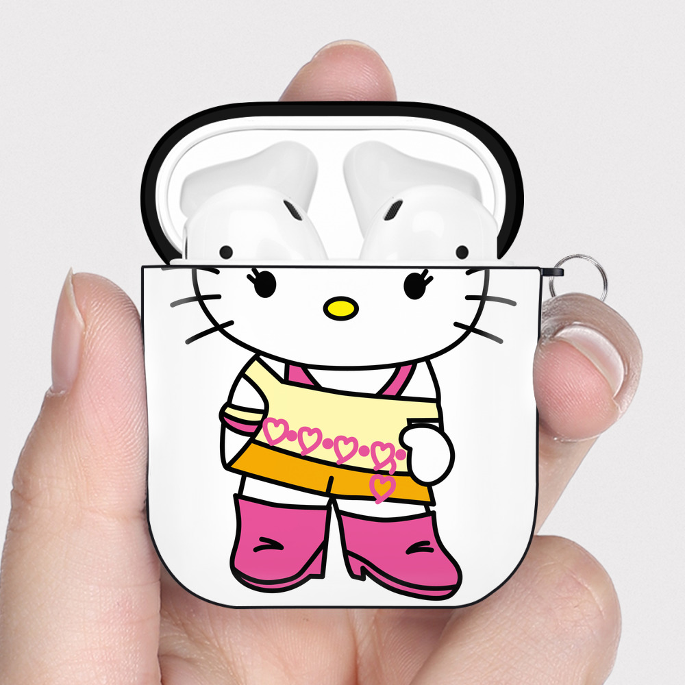 （画像用） Hello Kitty ハローキティ AirPods 第2世代保護ケース ハードシェル ブラック 耐衝撃・防指紋・カラビナ付き