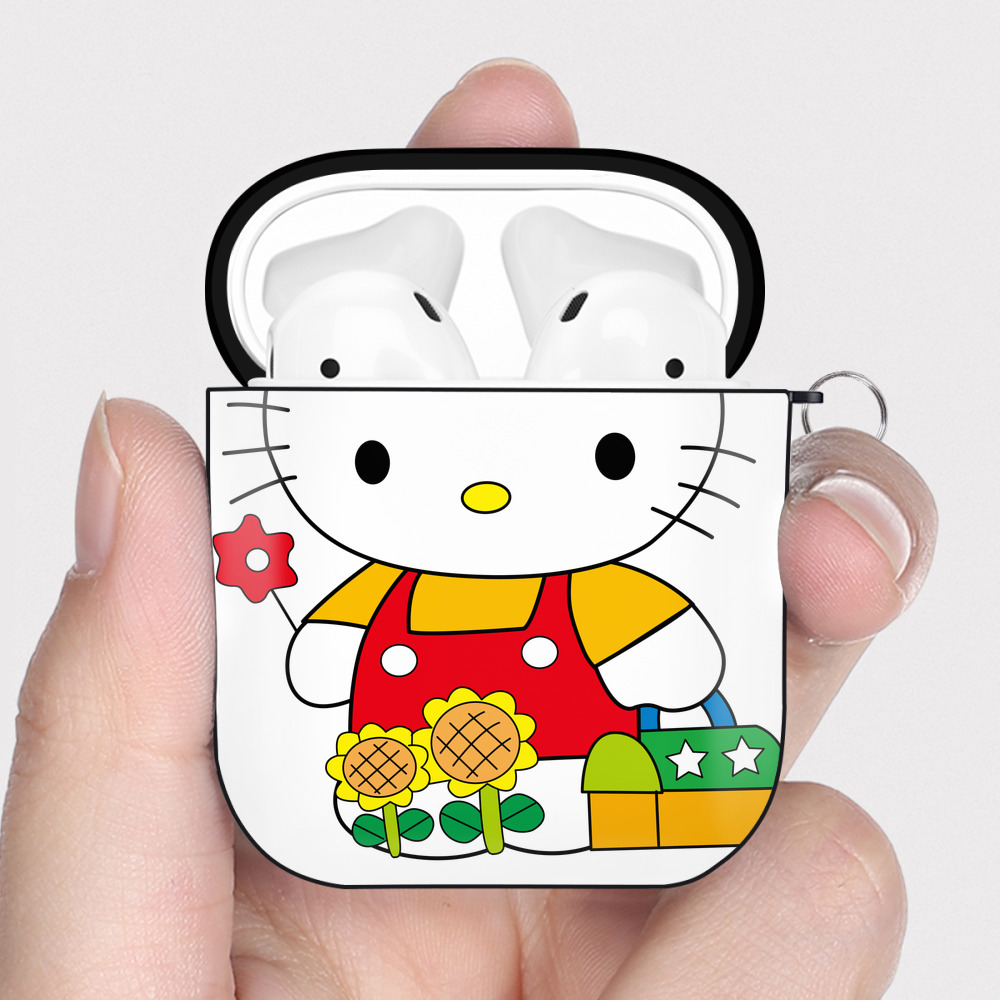 （画像用） Hello Kitty ハローキティ AirPods 第2世代保護ケース ハードシェル ブラック 耐衝撃・防指紋・カラビナ付き