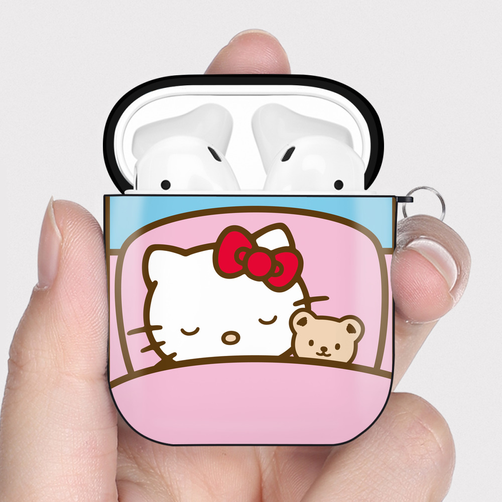 （画像用） Hello Kitty ハローキティ AirPods 第2世代保護ケース ハードシェル ブラック 耐衝撃・防指紋・カラビナ付き