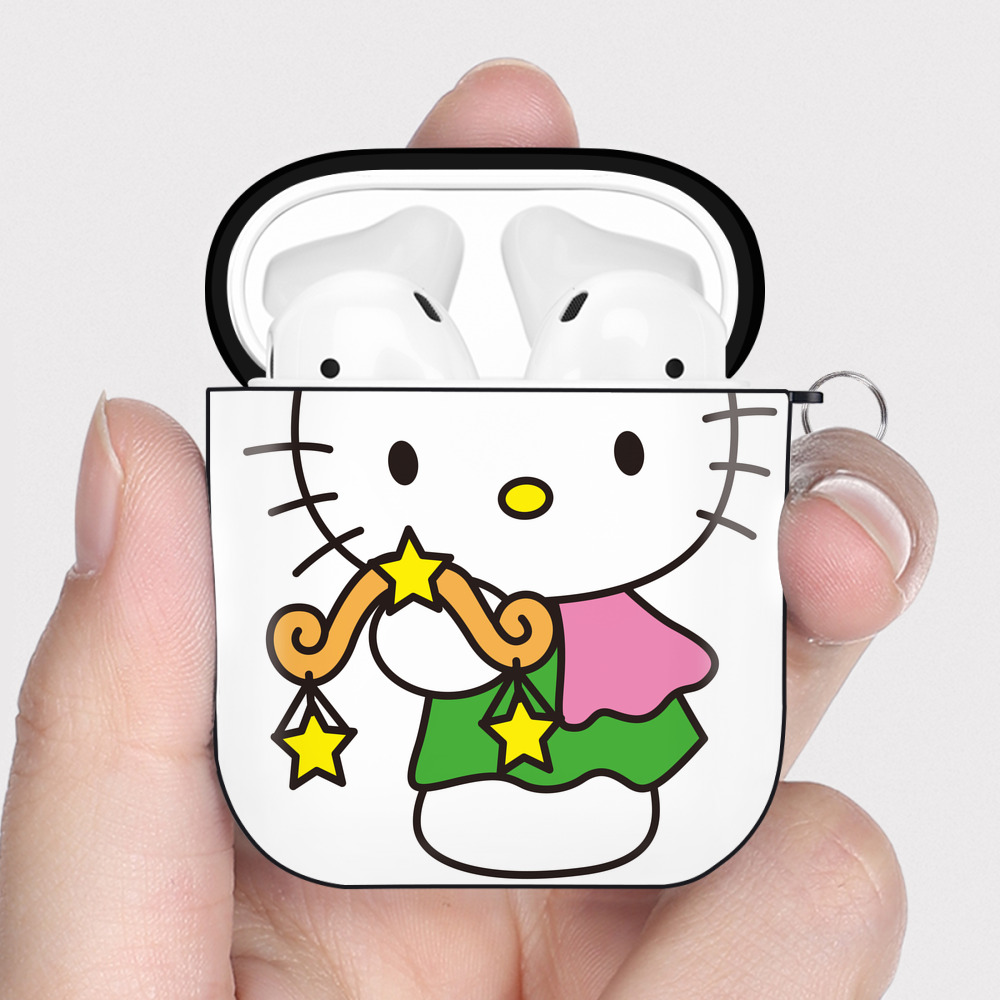 （画像用） Hello Kitty ハローキティ AirPods 第2世代保護ケース ハードシェル ブラック 耐衝撃・防指紋・カラビナ付き