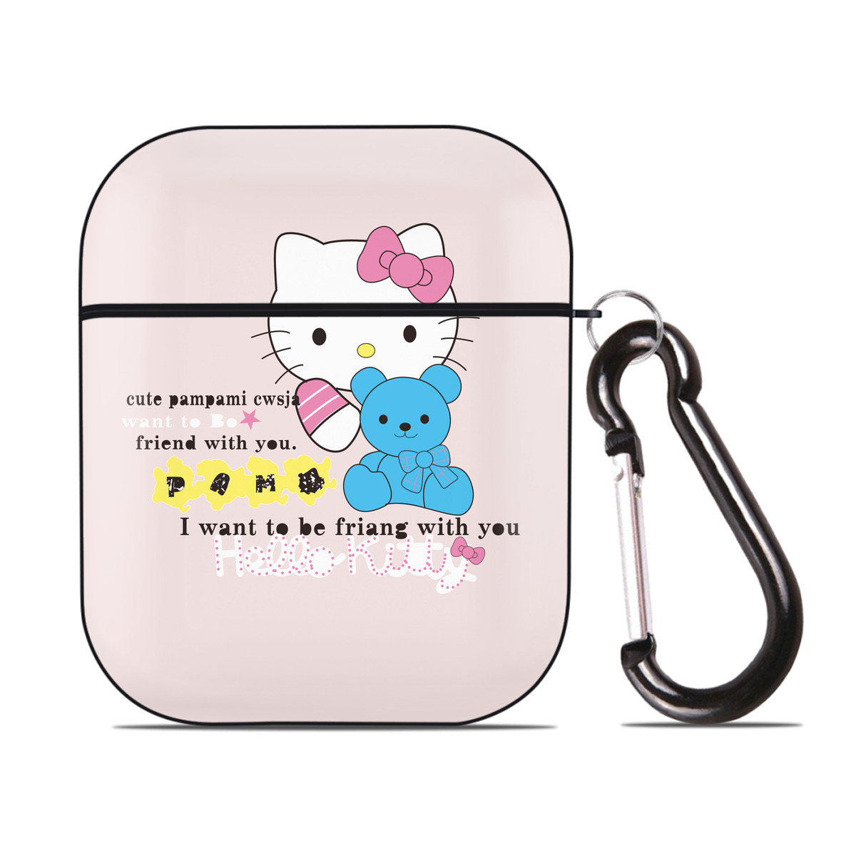 （画像用） Hello Kitty ハローキティ AirPods 第2世代保護ケース ハードシェル ブラック 耐衝撃・防指紋・カラビナ付き
