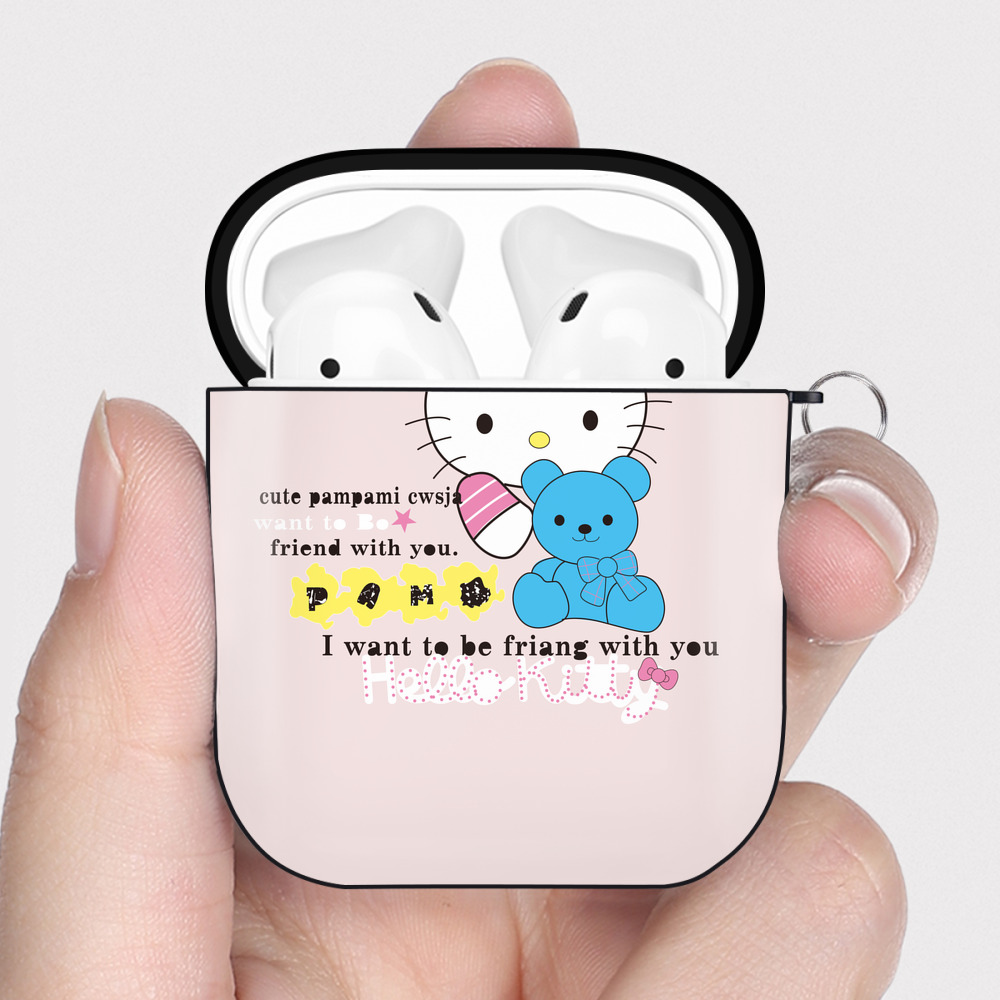 （画像用） Hello Kitty ハローキティ AirPods 第2世代保護ケース ハードシェル ブラック 耐衝撃・防指紋・カラビナ付き
