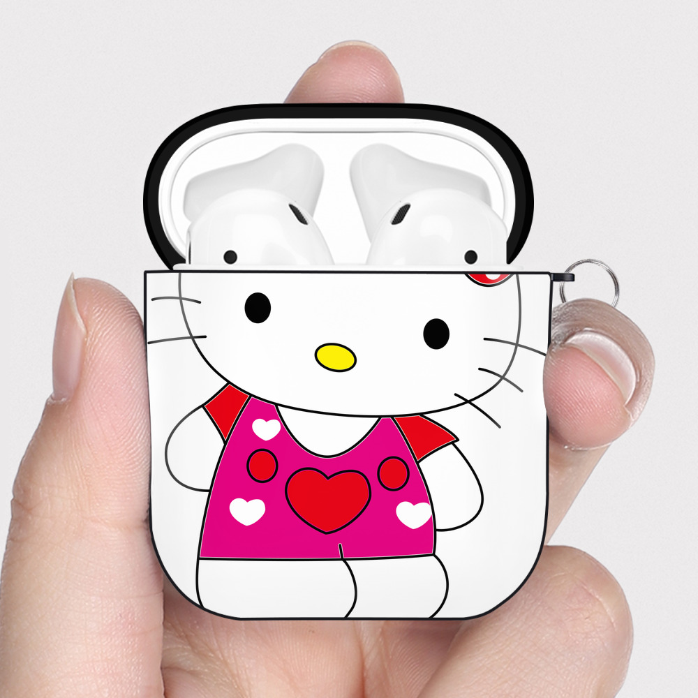 （画像用） Hello Kitty ハローキティ AirPods 第2世代保護ケース ハードシェル ブラック 耐衝撃・防指紋・カラビナ付き