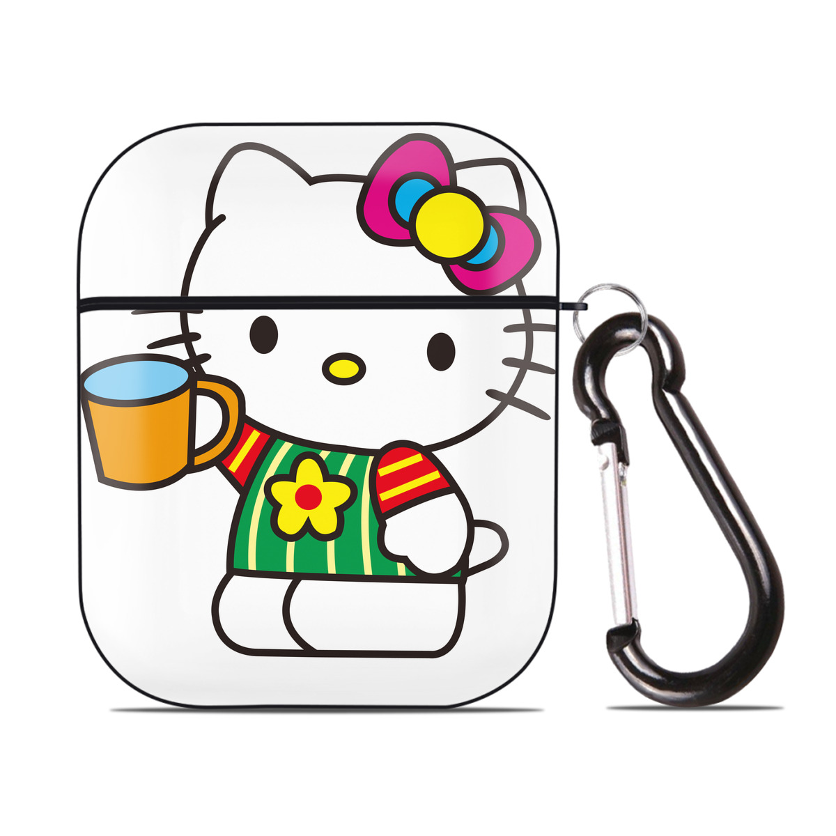 （画像用） Hello Kitty ハローキティ AirPods 第2世代保護ケース ハードシェル ブラック 耐衝撃・防指紋・カラビナ付き