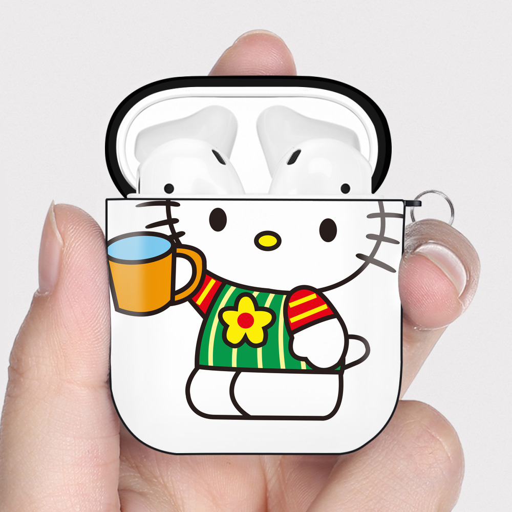 （画像用） Hello Kitty ハローキティ AirPods 第2世代保護ケース ハードシェル ブラック 耐衝撃・防指紋・カラビナ付き