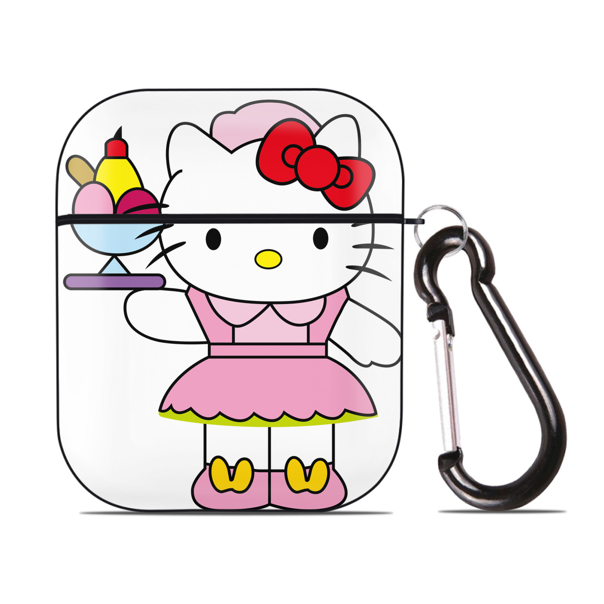 （画像用） Hello Kitty ハローキティ AirPods 第2世代保護ケース ハードシェル ブラック 耐衝撃・防指紋・カラビナ付き