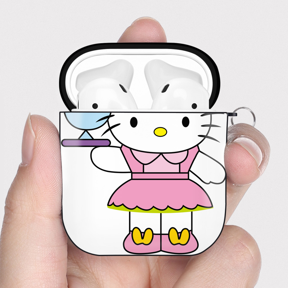 （画像用） Hello Kitty ハローキティ AirPods 第2世代保護ケース ハードシェル ブラック 耐衝撃・防指紋・カラビナ付き