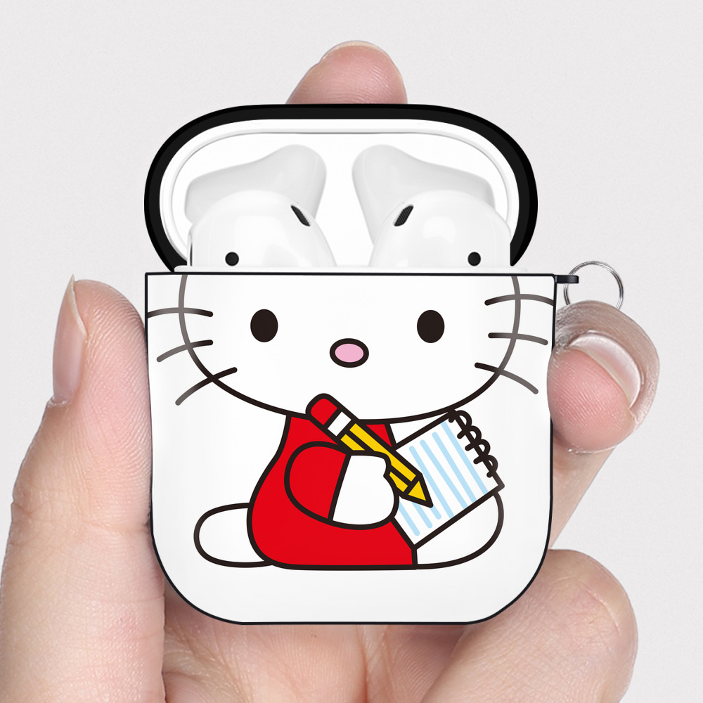 （画像用） Hello Kitty ハローキティ AirPods 第2世代保護ケース ハードシェル ブラック 耐衝撃・防指紋・カラビナ付き