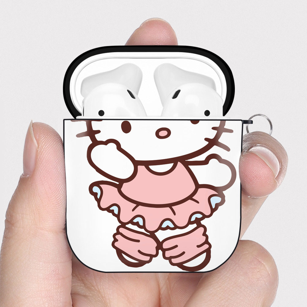 （画像用） Hello Kitty ハローキティ AirPods 第2世代保護ケース ハードシェル ブラック 耐衝撃・防指紋・カラビナ付き
