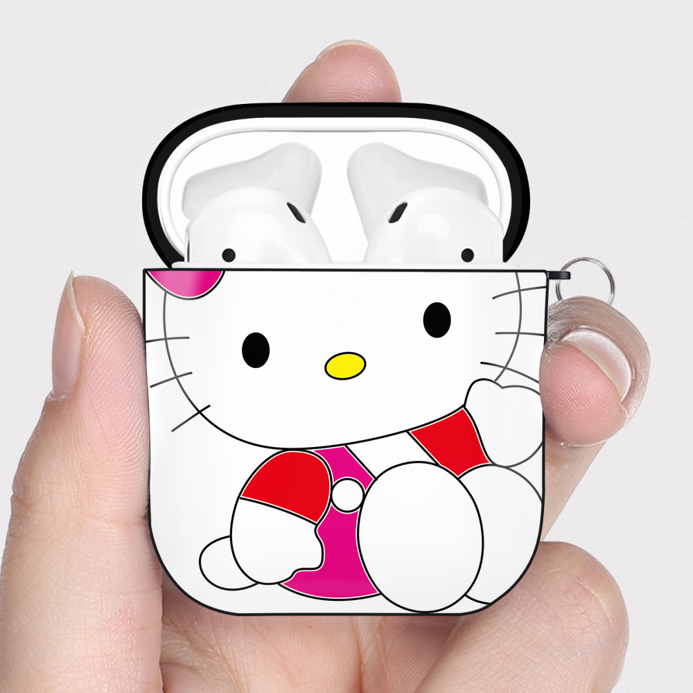 （画像用） Hello Kitty ハローキティ AirPods 第2世代保護ケース ハードシェル ブラック 耐衝撃・防指紋・カラビナ付き