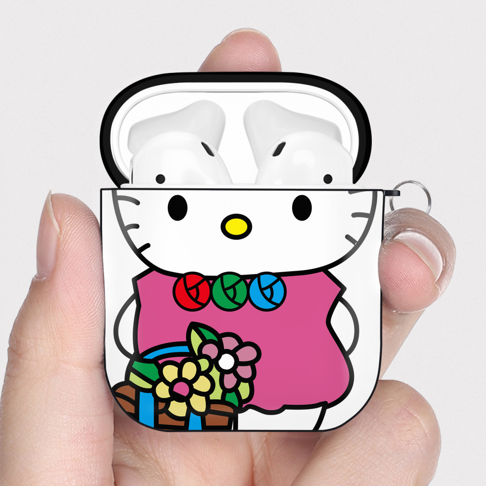 （画像用） Hello Kitty ハローキティ AirPods 第2世代保護ケース ハードシェル ブラック 耐衝撃・防指紋・カラビナ付き