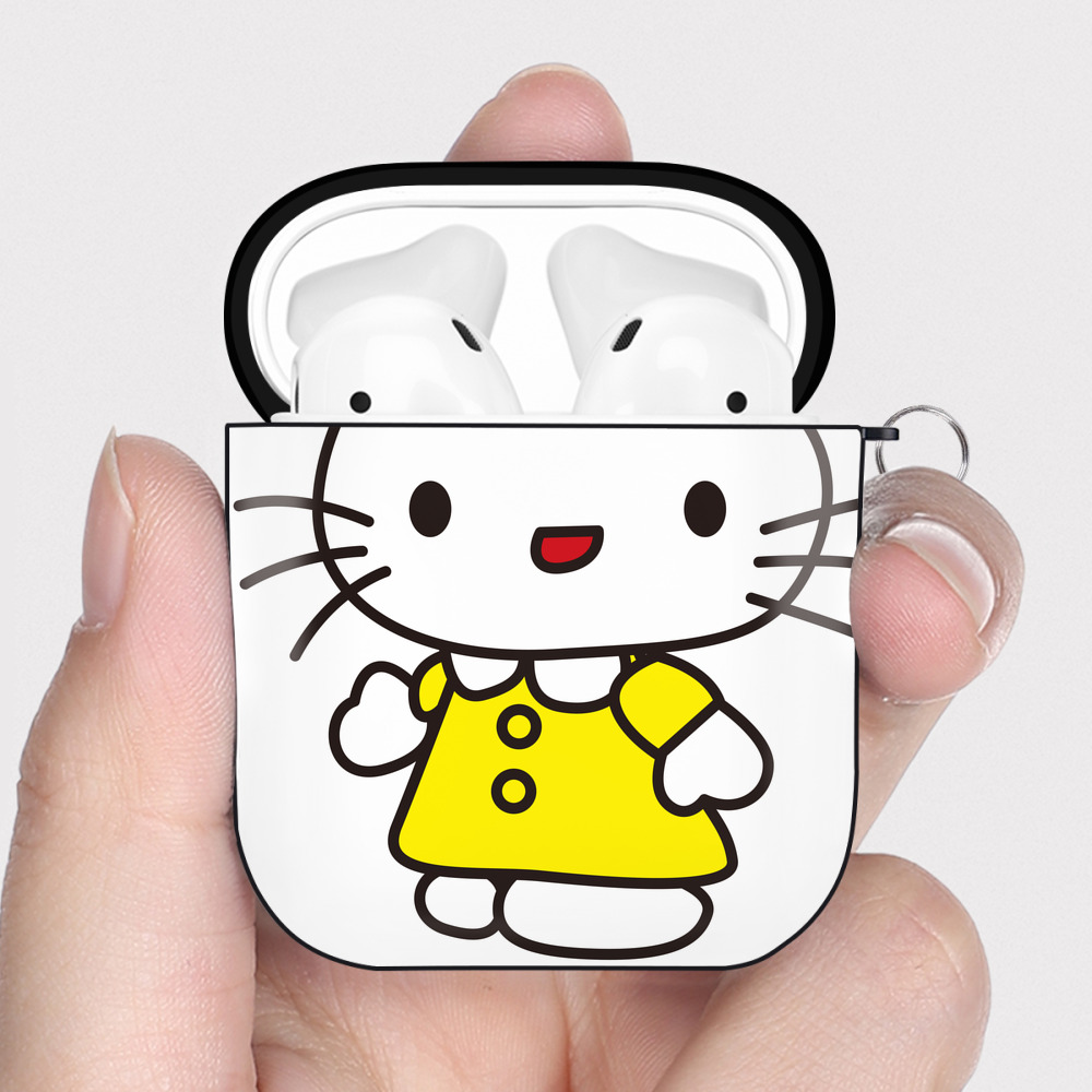 （画像用） Hello Kitty ハローキティ AirPods 第2世代保護ケース ハードシェル ブラック 耐衝撃・防指紋・カラビナ付き