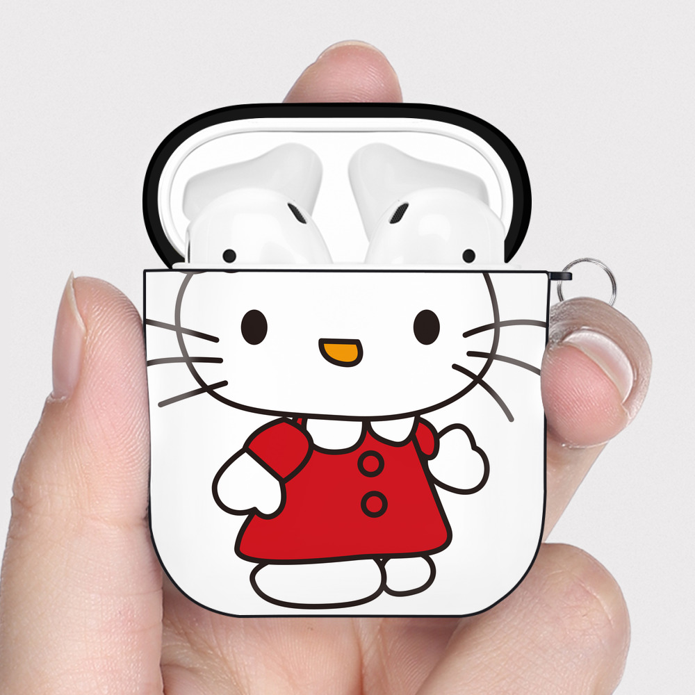 （画像用） Hello Kitty ハローキティ AirPods 第2世代保護ケース ハードシェル ブラック 耐衝撃・防指紋・カラビナ付き