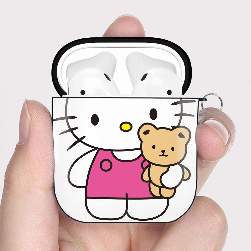 （画像用） Hello Kitty ハローキティ AirPods 第2世代保護ケース ハードシェル ブラック 耐衝撃・防指紋・カラビナ付き